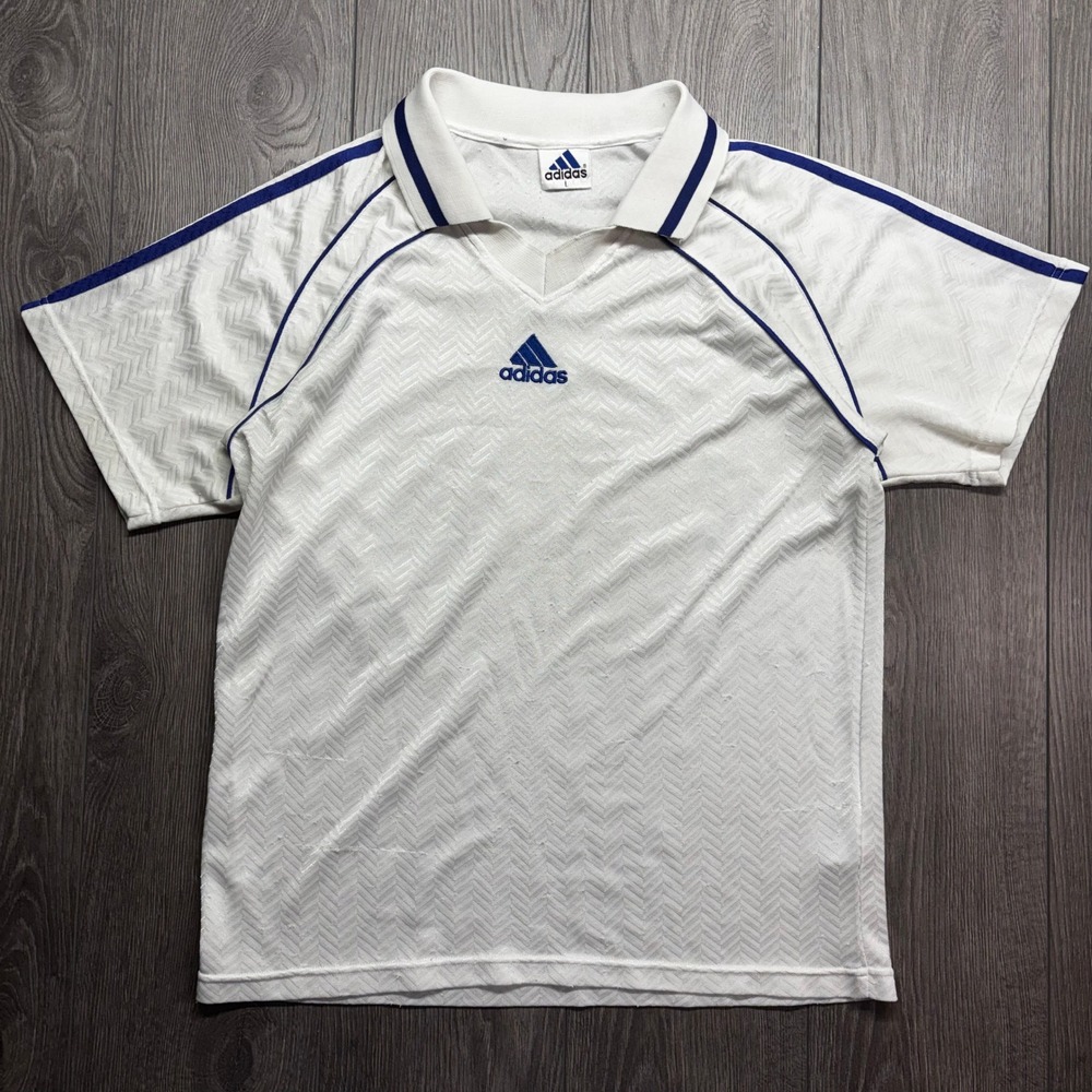 Vintage Adidas Soccer Jersey Large White Navy Blue Chevron Jacquard Polo Shirt